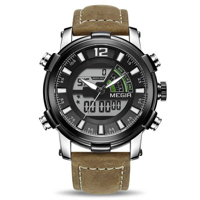 MEGIR 2089 Military Sport Style LED Chronograph Luminous Dual Display Digital Watch Leather Men Wrist Watch