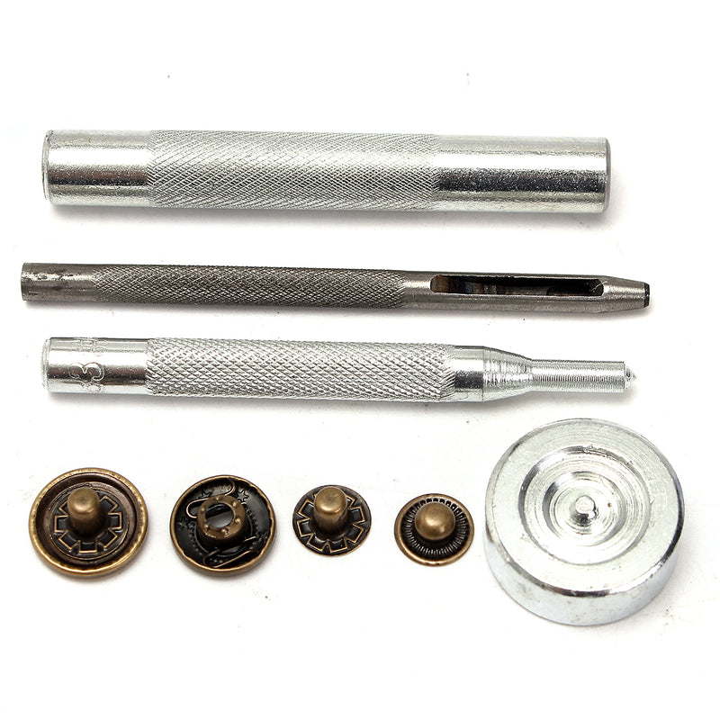 30Set 15mm Antique Brass Snap Fasteners Popper Press Stud Button Leather Tool Kit