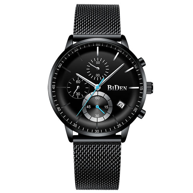 BIDEN BD0179 Chronograph Date Display Men Wristwatch Mesh Steel Band Quartz Watch