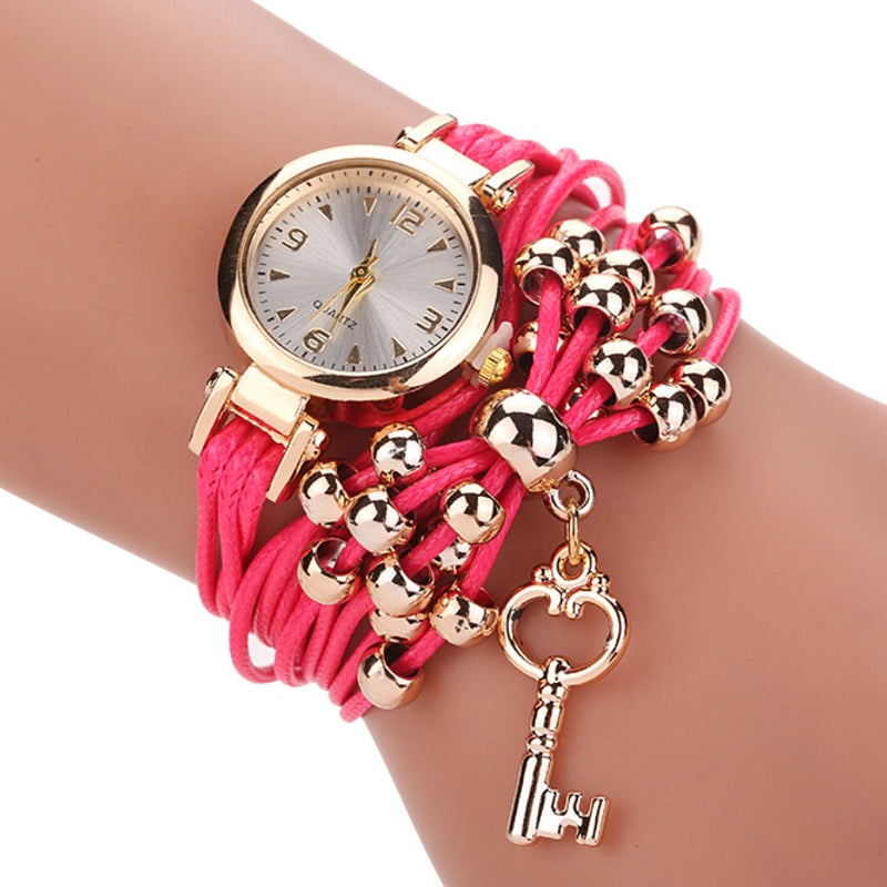 Gold Case Colorful Leather Beading Strap Ladies Dress Women Bracelet Wristband Quartz Watch