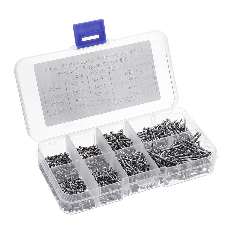 Suleve M2CP1 800pcs M2 Phillips Screw Flat Head Nickel-Plated Carbon Steel Self-Tapping Woodworking Screws Assortment Kit