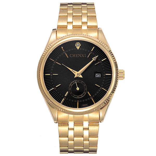 CHENXI 069A Calendar Gold Case Casual Men Watches Stainless Steel Strap Quartz Watch