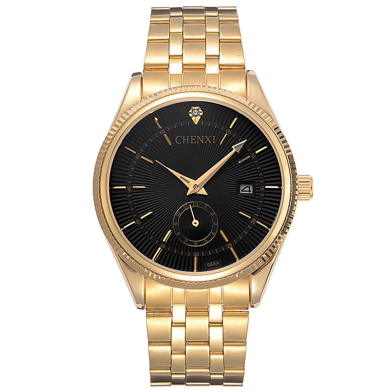 CHENXI 069A Calendar Gold Case Casual Men Watches Stainless Steel Strap Quartz Watch