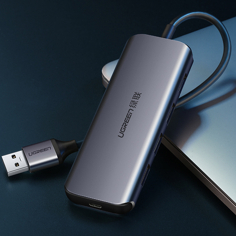 UGREEN CM207 USB3.0 High Speed with 4 Ports USB Hub Aluminum Alloy Extender Connector Multifunction with Power Supply Interface for PC Laptop