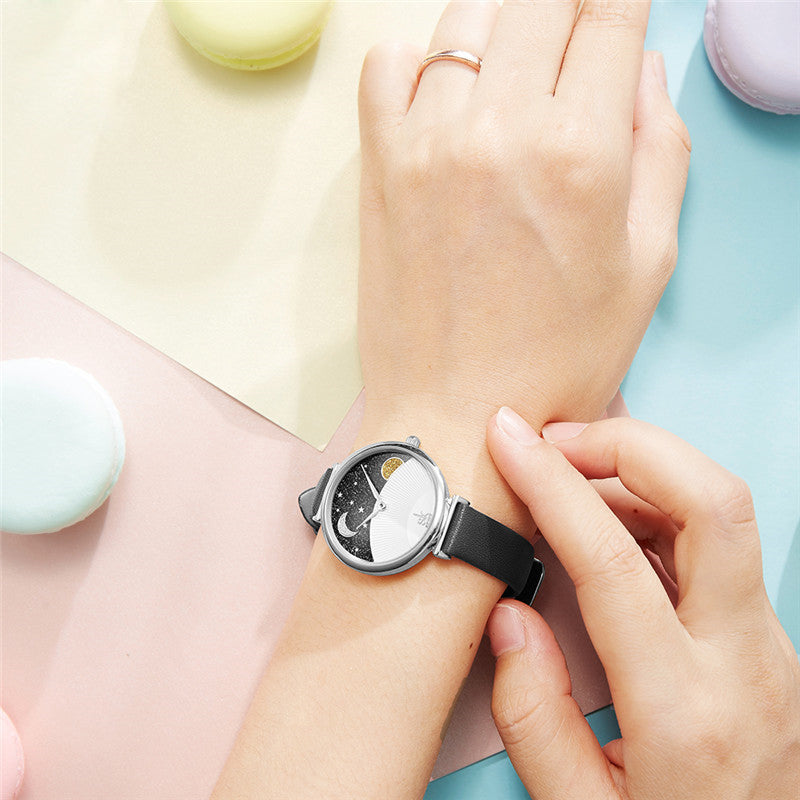 SHENGKE SK K0124 Starry Sky Good Night Stars Moon and Sun Patterns Fashion Women Leather Strap Quartz Watch