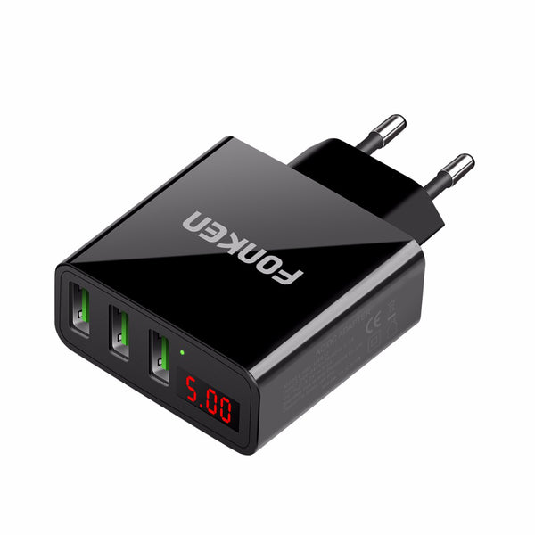 FONKEN 3A 3 Ports LED Display Fast Charging USB Charger For Power Bank iPhone X XS HUAWEI P20 XIAOMI MI9 S10 S10+