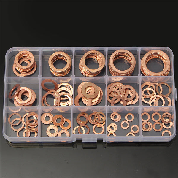 150Pcs Solid Copper Washers Sump Plug Assorted Washer Set Plastic Box 15 Sizes