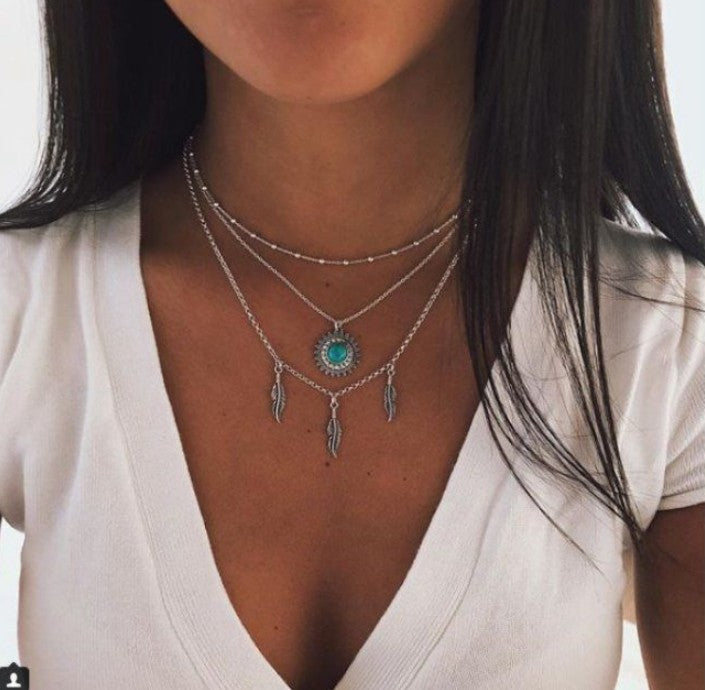 Bohemian Multilayer Silver Necklace laeave Turquoise Chain Pendant Necklace for Women