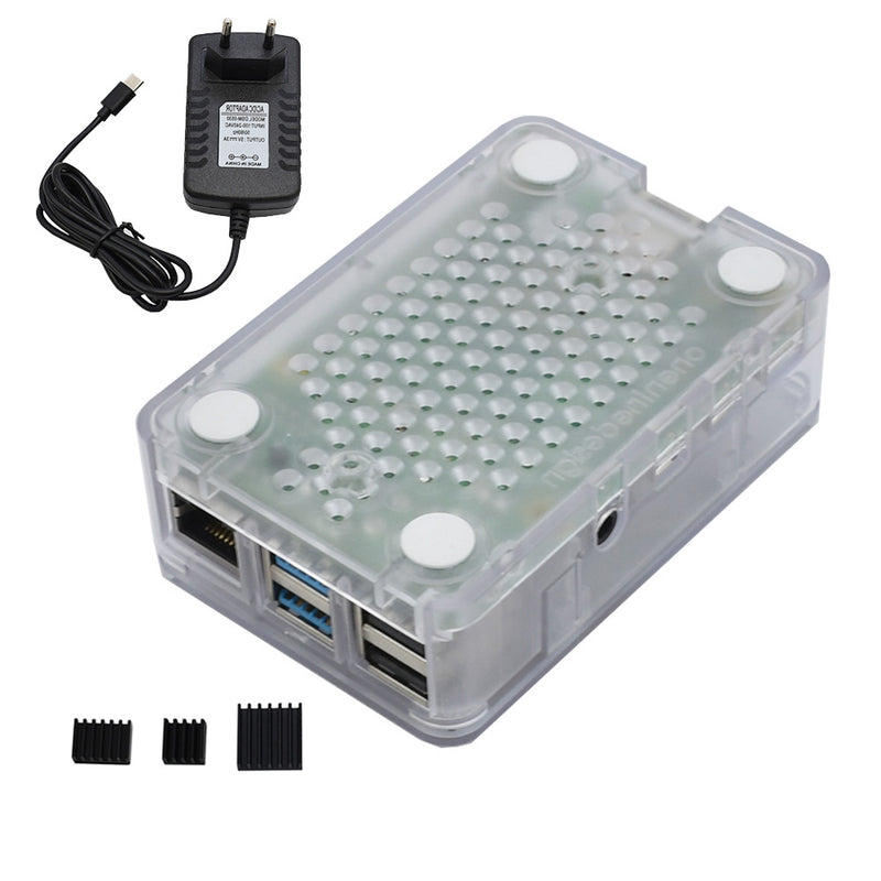 Updated ABS Enclosure Box V4 Case+5V/3A EU Standard Plug Power Supply+3*Black Heat Sink Set for Raspberry Pi 4
