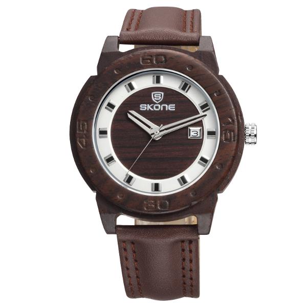 SKONE 3816 Fashion Men Wooden Watch Casual Leather Strap Sport Wrist Watch