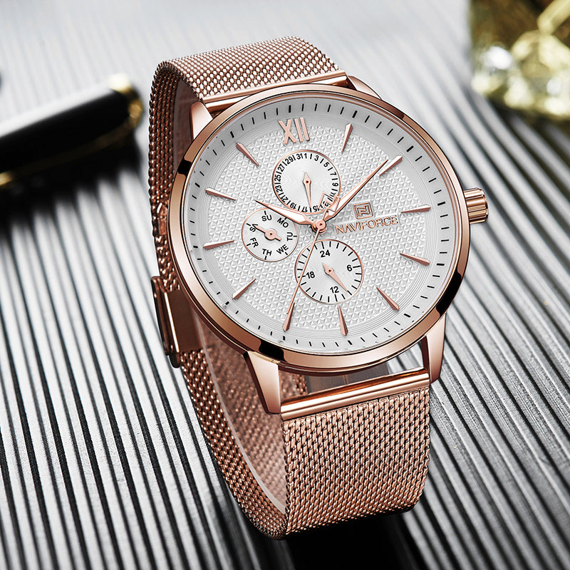 NAVIFORCE 3003 Working Little Dials Waterproof Quartz Watch Mesh Steel Ultra Thin Men Watch