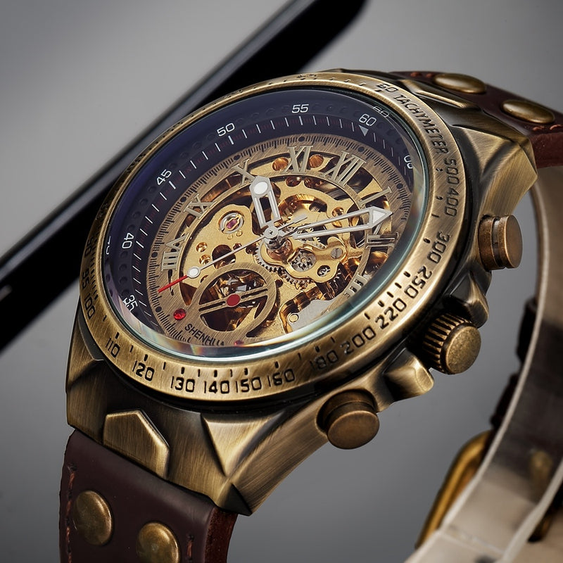 SHENHUA Brand Genuine Bronze Belt Waterproof Skeleton Men Luxury Mechanical Watch Automatic Wrist Watches
