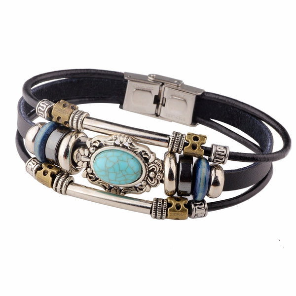 Vintage Multilayer Bracelets Blue Oval Irregular Geometric Leather Bracelet Ethnic Jewelry Men
