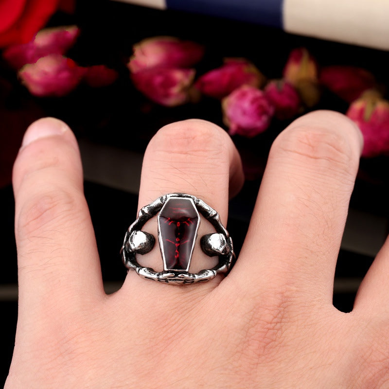 Retro Gothic Titanium Steel Men Ring Vampire Coffin Punk Halloween Gift for Men