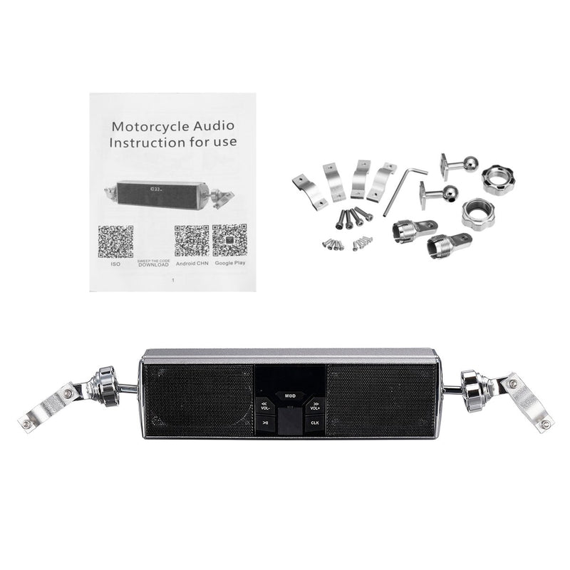 Waterproof Motorcycle MP3 USB FM Audio Radio Stereo LED Speaker with bluetooth Function Electric Scooter Bike Universal Silver