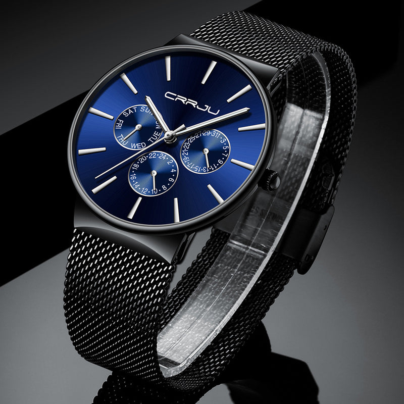 CRRJU 2155 Men Sapphire Blue Three Small Dial Calendar Fashion Steel Strap Casual Quartz Watch