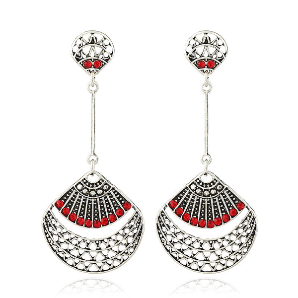 Retro Red Rhinestone Antique Silver Sector Ear Drop Vintage Earrings for Women