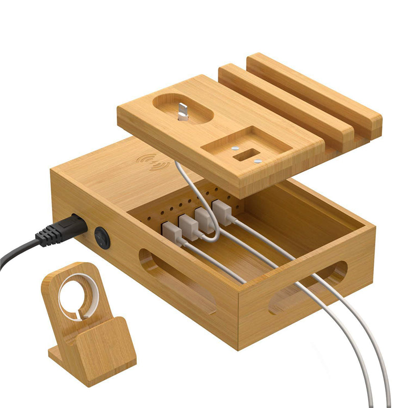 Bamboo 4 USB Ports Docking Station With Qi Wireless Charger Phone Holder Tablet Stand Watch Holder for Smart Phone Tablet Apple Watch Series