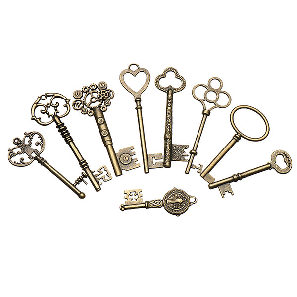 9pcs Big Large Antique Vtgold Brass Skeleton Keys Lot Cabinet Barrel Lock Keyfobs