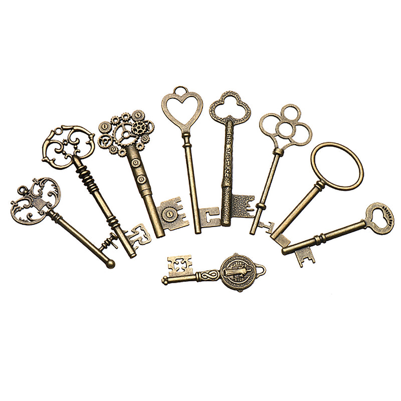 9pcs Big Large Antique Vtgold Brass Skeleton Keys Lot Cabinet Barrel Lock Keyfobs