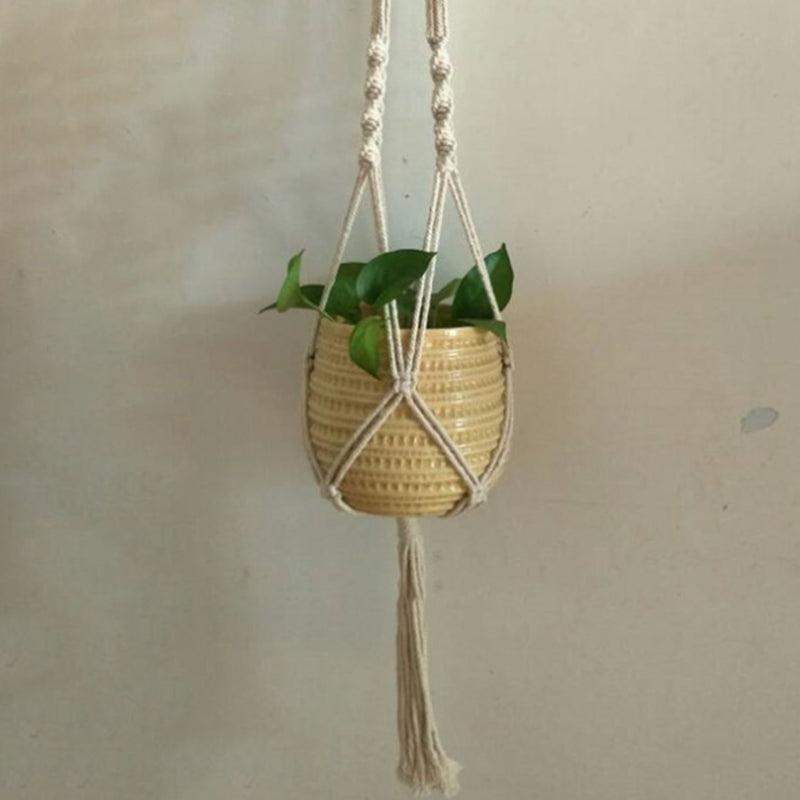 4 Legs Handmade Crude Cotton Flower Pot Decorations Hanging Basket Plant Hanger Rope with Iron Coils