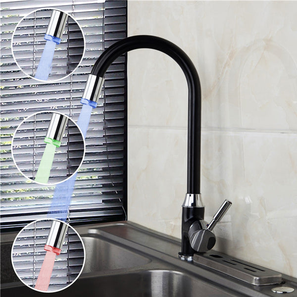 Black Plating Kitchen Sink Hot Cold Faucet Single Handle LED 3 Colors Changing Basin Mixer Tap