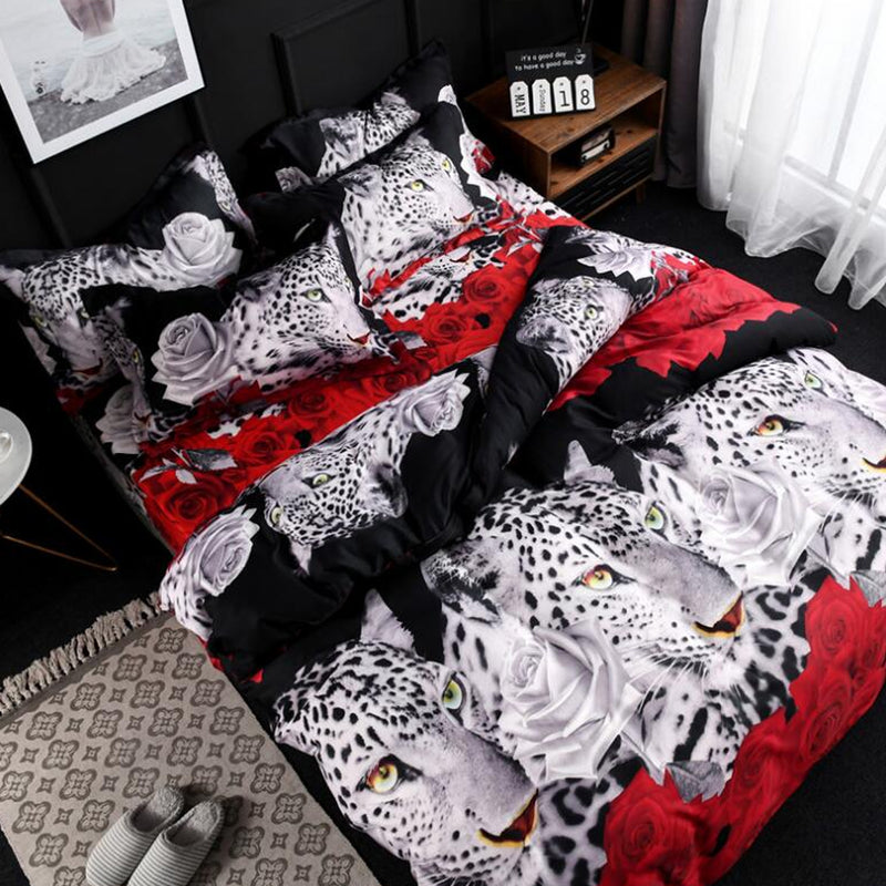 4PCS 200 x 230cm 3D Leopard Rose Printed Bedding Pillowcase Sheet Quilt Cover Bedding Sets