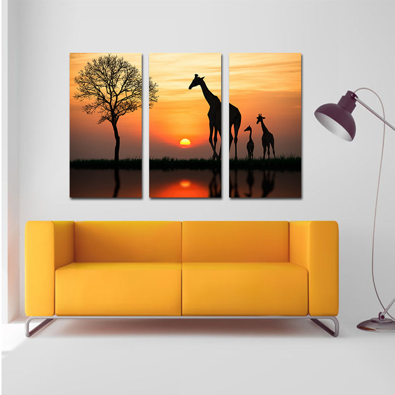 Miico Hand Painted Three Combination Decorative Paintings Giraffe In The Sunset Wall Art For Home Decoration