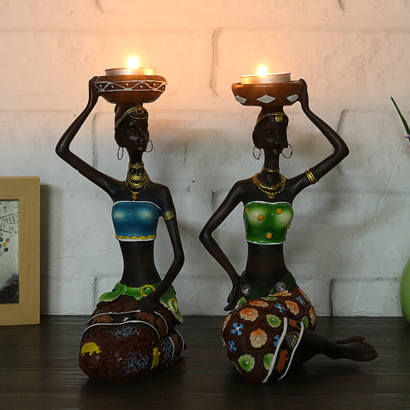 2Pcs Resin Figurine Craft Candlestick African Women Beauty Lady Statue Decorative Hardware