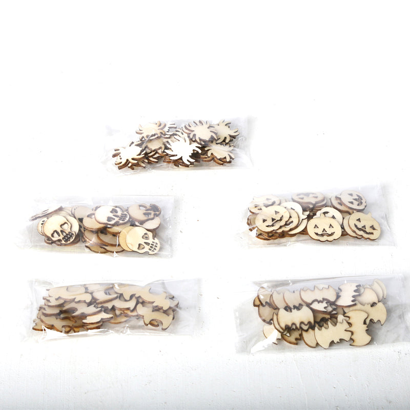 Loskii JM01543 150PCS Blank Wood Halloween Party Owl Skull Bat Pumpkin Cat Spider Halloween Decorations