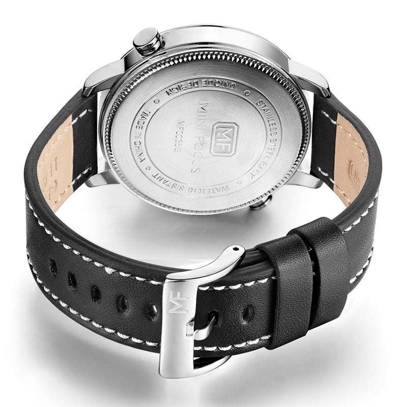 MINI FOCUS MF0035G Two Time Zones Display Men Watch Genuine Leather Strap Quartz Watches