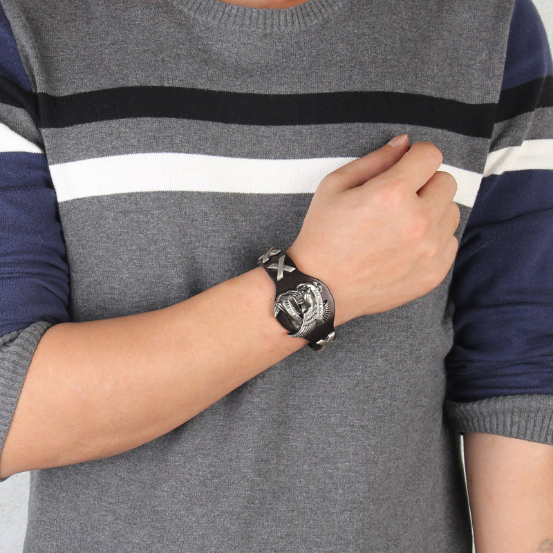 Punk Genuine Leather Wrap Wristband Bangle Alloy Eagle Bracelet for Men Women