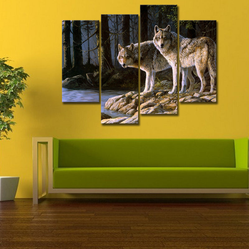 Miico Hand Painted Four Combination Decorative Paintings Two W-olves Wall Art For Home Decoration