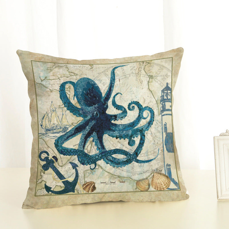 45*45cm Sea Creature Pillow Case Octopus Seahorse Conch Print Cushion Cover Linen Throw Pillow