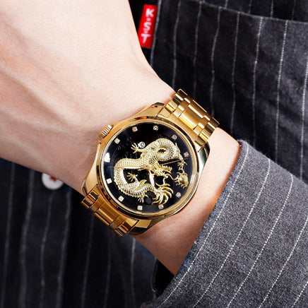 SKMEI 9193 Luxury Chinese Dragon Pattern Golden Waterproof Men Watch Quartz Watch