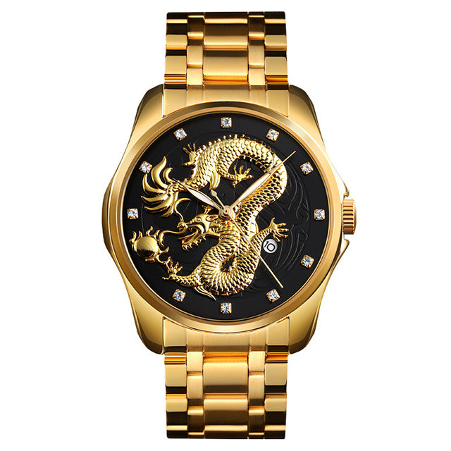SKMEI 9193 Luxury Chinese Dragon Pattern Golden Waterproof Men Watch Quartz Watch