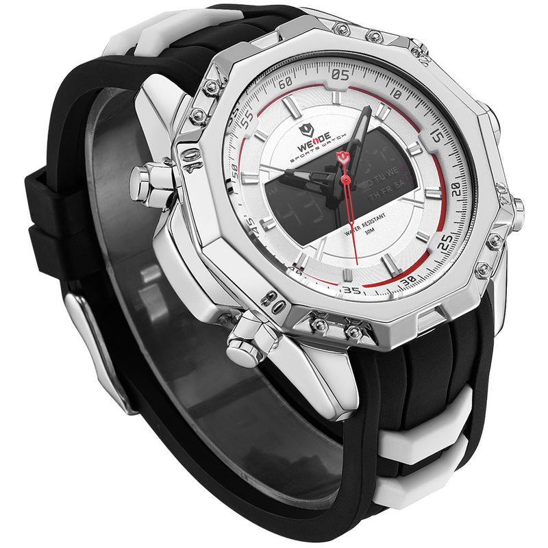 WEIDE 6406 Dual Display Digital Watch Calendar Alarm Luminous Watch Silver Case Men Sport Watch