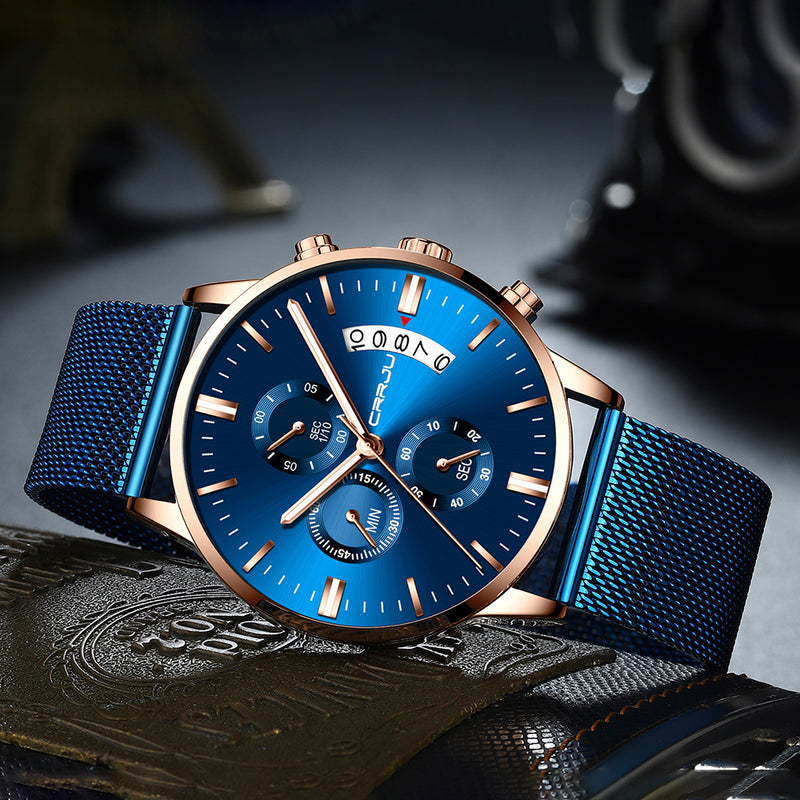 CRRJU 2273 Men Fashion Blue Dial Full Mesh Steel Strap Sport Clock Waterproof Quartz Watch