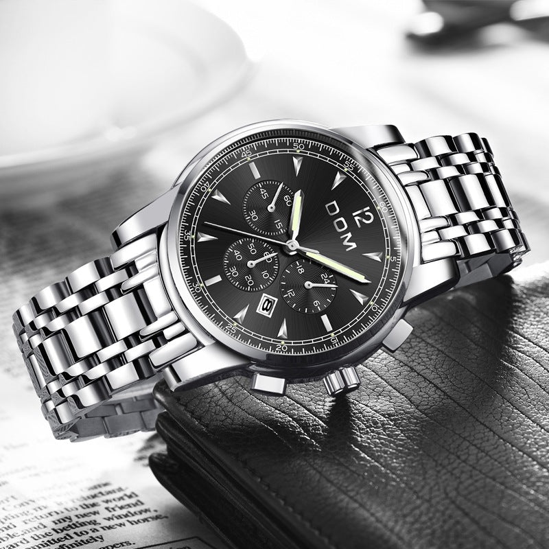 DOM 75PE Fashion Men Watch Chronograph Luminous Date Display Stainless Steel Strap Quartz Watch