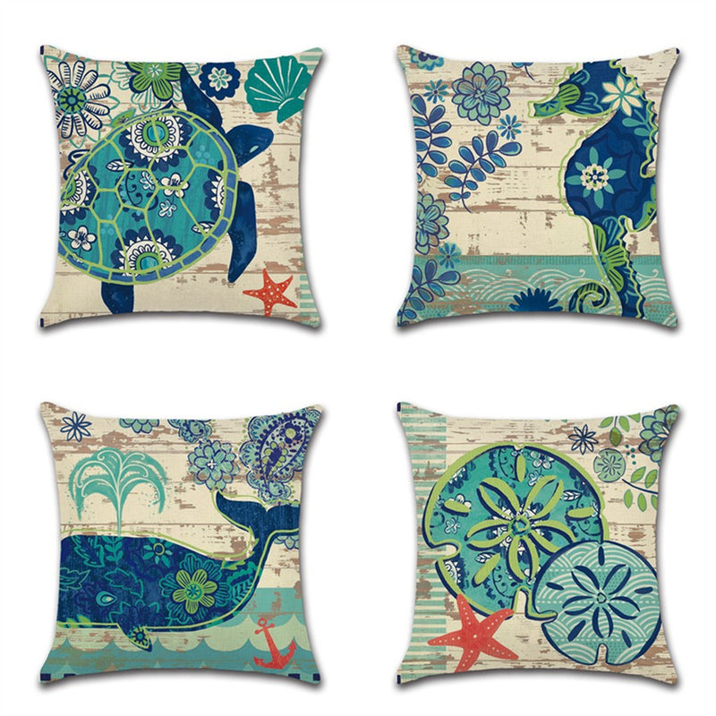 European Style Retro Linen Cotton Pillow Cover Marine Biological Pillow Case Home Furnishing Mediterranean Cushion Cover