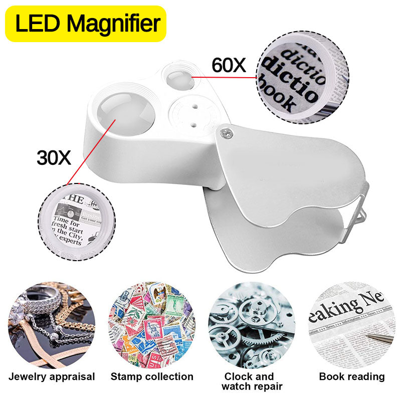 30x 60x 2 LED Lights Double Lens Magnification Handheld Reading Magnifier