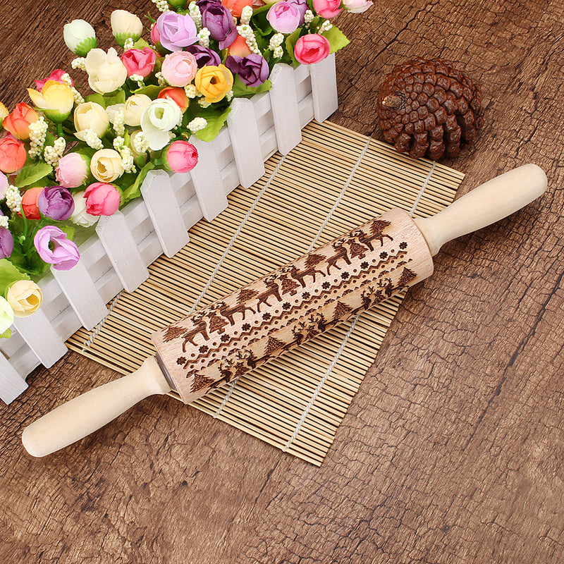 Christmas Elk Print Rolling Pin Engraved Rolling Pin Wooden Embossing Embossed Baking Tools