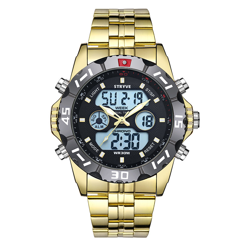 STRYVE S8011 Chronograph Alarm Calendar Stainless Steel Sport Dual Display Digital Watch