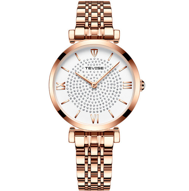 TEVISE T09 Waterproof Simple Style Women Wrist Watch Full Steel Band Quartz Watch