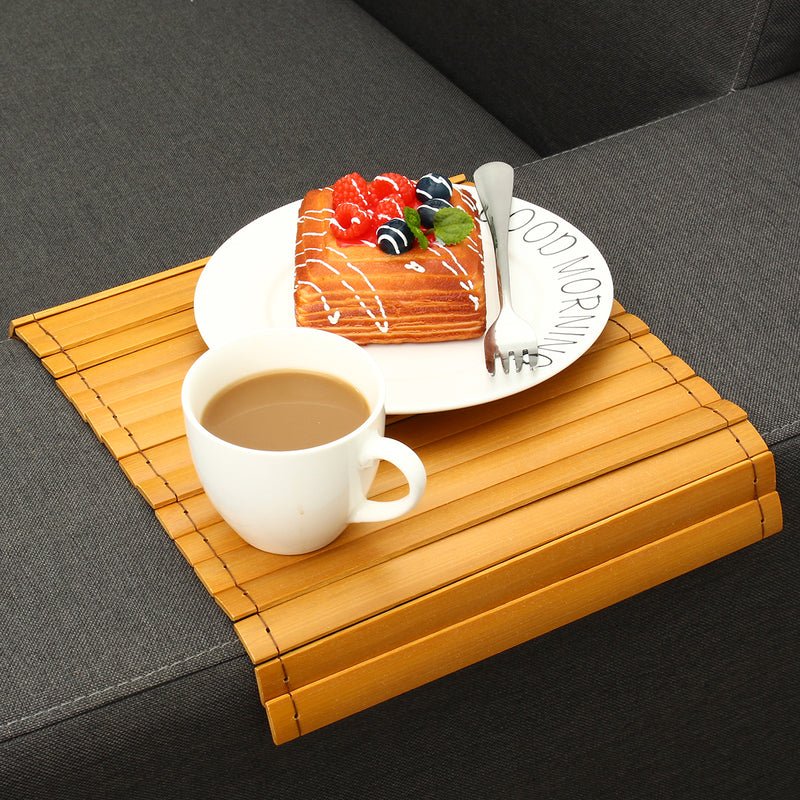Wood Sofa Arm Rest Tray Flexible Couch Placemat Bamboo Foldable Snack Holder Table Pad