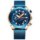CRRJU 2219 Men Chronograph Luminous Display Full Steel Strap Fashion Blue Dial Quartz Watch