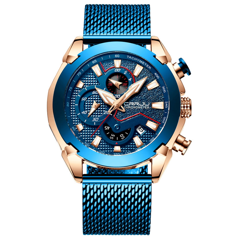 CRRJU 2219 Men Chronograph Luminous Display Full Steel Strap Fashion Blue Dial Quartz Watch