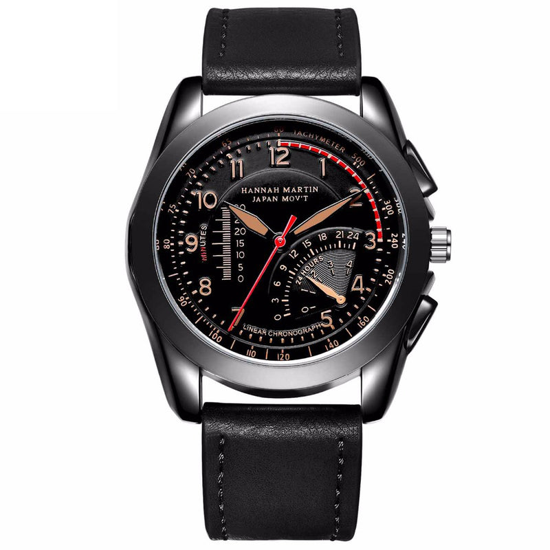 HANNAH MARTIN BN02 Men Quartz Watch Fashion Fake Dial Leather Strap Military Sport Watch