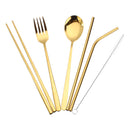 Golden Stainless Steel Spoon Fork Straw Set Chopsticks with Cleaning Brush