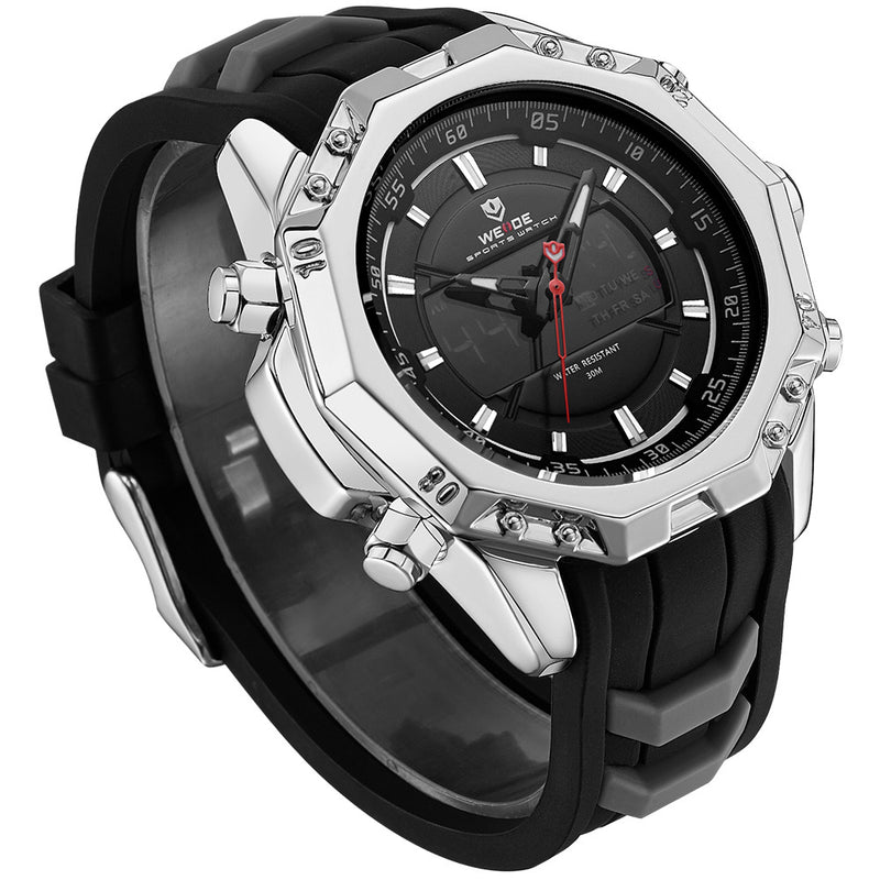 WEIDE 6406 Dual Display Digital Watch Calendar Alarm Luminous Watch Silver Case Men Sport Watch